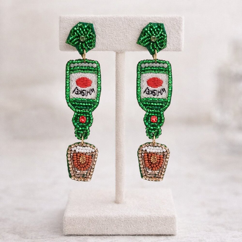 NEW Irish St. Patrick's Day Holiday Whiskey Earrings Beaded Green Hypoallergenic